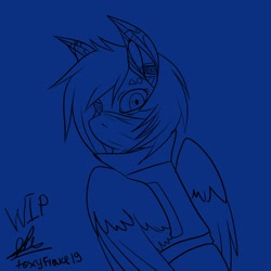 Size: 2160x2160 | Tagged: safe, artist:kozyavka, oc, oc:pinkaina fly, pegasus, pony, robot, robot pony, blue background, clothes, cyberpunk, roboticization, simple background, sketch, solo, wip