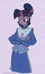 Size: 490x807 | Tagged: safe, artist:egophiliac, twilight sparkle, robot, abstract background, clothes, crossed arms, hair bun, humanized, roboticization, solo, steampunk, steamquestria, twibot