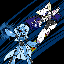 Size: 2000x2000 | Tagged: safe, artist:tinker-tock, trixie, anthro, robot, unguligrade anthro, arm hooves, crossover, eggman empire of equestria, fight, mecha, roboticization, rouge the bat, sonic the hedgehog (series)