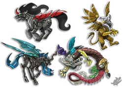 Size: 1000x718 | Tagged: safe, artist:derangedhyena, derpibooru import, discord, gilda, king sombra, queen chrysalis, changeling, changeling queen, griffon, pony, robot, unicorn, curved horn, derpibooru, mecha, roboticization, simple background, white background