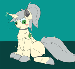 Size: 1000x930 | Tagged: safe, artist:drakky, oc, oc only, oc:mercury shine, human, pony, robot, robot pony, blushing, electricity, human to pony, roboticization, rule 63, scrunchy face, transformation, transgender transformation