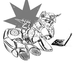 Size: 1329x1117 | Tagged: safe, artist:testostepone, twilight sparkle, pony, robot, robot pony, computer, female, grayscale, laptop computer, mare, monochrome, reading, roboticization, simple background, solo, twibot, white background