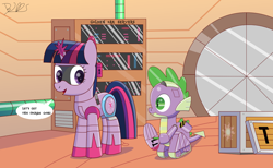 Size: 2000x1229 | Tagged: safe, artist:trackheadtherobopony, spike, twilight sparkle, dragon, pony, robot, robot pony, unicorn, alicornification, crate, golden oaks library, kanji, robot dragon, roboticization, server, signature, smiling, spikebot, sun, text, twibot, upgrade, wings