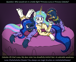 Size: 1081x885 | Tagged: safe, artist:caroo, princess celestia, princess luna, anthro, plantigrade anthro, barefoot, clothes, feet, fetish, foot fetish, magic, pajamas, soles, tickling