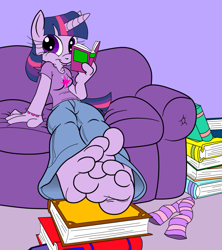 Size: 819x922 | Tagged: safe, artist:ced75, artist:kuroi-wolf, twilight sparkle, anthro, plantigrade anthro, barefoot, book, clothes, feet, fetish, foot fetish, looking at you, socks, soles, striped socks