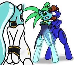 Size: 1600x1400 | Tagged: safe, artist:playfulelegy, oc, oc only, oc:boy toy, oc:cyber strike, oc:silent shine, earth pony, semi-anthro, unicorn, arm behind back, bondage, clothes, earth pony oc, horn, roboticization, simple background, transformation, transparent background, unicorn oc, wide eyes