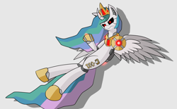 Size: 949x587 | Tagged: safe, artist:mechanized515, princess celestia, alicorn, pony, robot, robot pony, black sclera, blaster, brainwashed, female, flying, glowing eyes, hoof shoes, laser, mare, peytral, roboticization, simple background, solo, white background