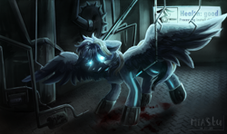 Size: 7450x4400 | Tagged: safe, artist:miastu, oc, oc only, oc:stail, cyborg, original species, pegasus, pony, cabin, complex background, cyber pony, cyberpunk, eye, eyes, factory, glowing eyes, hooves, improvement, interface, male, needles, neon, new look, pipes, remake, roboticization, saw, scalpel, solo, stallion, terminal, upgrade