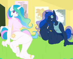 Size: 1280x1024 | Tagged: safe, artist:silverscarf, princess celestia, princess luna, anthro, plantigrade anthro, clothes, feet, fetish, foot fetish, panties, shirt, tanktop, underwear