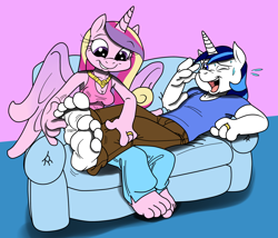 Size: 1280x1098 | Tagged: safe, artist:ced75, artist:kuroi-wolf, princess cadance, shining armor, alicorn, anthro, plantigrade anthro, unicorn, barefoot, cute, feet, female, foot fetish, good clean married tickles, male, male feet, shining adorable, shiningcadance, shipping, straight, tickling