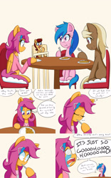 Size: 2000x3200 | Tagged: safe, artist:jake heritagu, firefly, scootaloo, oc, oc:lightning blitz, oc:sandy hooves, earth pony, pegasus, pony, comic:ask motherly scootaloo, baby, baby pony, colt, comic, crying, food, hairpin, highchair, male, motherly scootaloo, offspring, older, older scootaloo, parent:rain catcher, parent:scootaloo, parents:catcherloo, plate, simple background, sweatshirt, swirly eyes, table, tan background