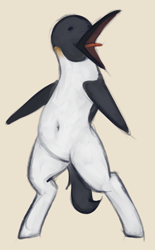 Size: 588x950 | Tagged: safe, artist:marsminer, oc, oc only, emperor penguin, hybrid, penguin, belly button, bipedal, not salmon, open mouth, penguin pony, simple background, solo, tan background, tongue out, wat