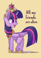 Size: 839x1200 | Tagged: safe, artist:dsp2003, edit, twilight sparkle, twilight sparkle (alicorn), alicorn, pony, all my friends are alive, all my friends are dead, animated, barely animated, big crown thingy, blushing, crown, crying inside, element of magic, female, gif, good end?, immortality, immortality blues, immortality blues no more, immortality is awesome, jewelry, mare, regalia, shrunken pupils, simple background, smiling, tan background, this will end in tears, this will end in tears and/or death