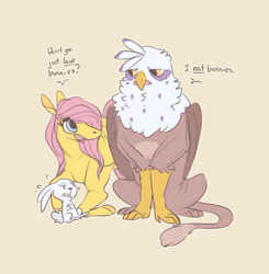 Size: 600x612 | Tagged: safe, artist:batlover800, derpibooru import, angel bunny, fluttershy, gilda, griffon, pegasus, pony, rabbit, dialogue, female, gildashy, lesbian, looking at each other, male, shipping, simple background, talking, tan background, trio, wings