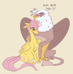 Size: 600x612 | Tagged: safe, artist:batlover800, derpibooru import, fluttershy, gilda, griffon, pegasus, pony, arm around neck, blushing, cutie mark, dialogue, duo, embarrassed, female, fluffy, gildashy, gildere, hug, lesbian, mare, shipping, simple background, tan background, tsundere, wings