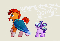 Size: 1600x1103 | Tagged: safe, artist:gyunyu, starlight glimmer, sunburst, pony, unicorn, alternate hairstyle, beard, cape, clothes, dialogue, duo, facial hair, female, filly, filly starlight glimmer, foal, glasses, glowing horn, magic, male, pigtails, signature, simple background, stallion, sweat, sweatdrop, tan background, telekinesis, translation, yellow background, younger