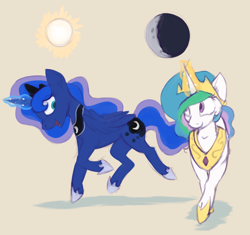 Size: 1416x1333 | Tagged: safe, artist:marsminer, princess celestia, princess luna, alicorn, pony, duo, female, magic, mare, moon, royal sisters, simple background, sun, tan background