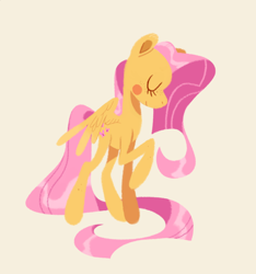 Size: 1692x1804 | Tagged: safe, artist:beaglescouts, derpibooru import, fluttershy, pegasus, pony, blushing, eyes closed, female, leg raise, mare, raised hoof, simple background, smiling, solo, tan background