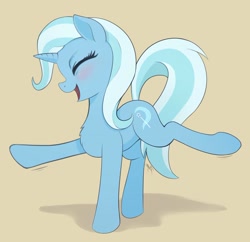 Size: 900x871 | Tagged: safe, artist:zetamad, trixie, pony, unicorn, atg 2019, blushing, chest fluff, cute, dancing, diatrixes, eyes closed, female, happy, mare, newbie artist training grounds, open mouth, profile, raised hoof, simple background, smiling, solo, tan background