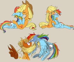 Size: 1260x1056 | Tagged: safe, artist:nota_mano, derpibooru import, applejack, rainbow dash, earth pony, pegasus, pony, appledash, applejack's hat, blushing, cowboy hat, female, flying, hat, hug, kissing, lesbian, mare, shipping, tan background