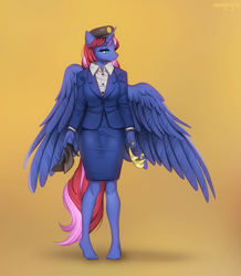 Size: 1133x1300 | Tagged: safe, artist:margony, oc, oc:aurora silverlight, alicorn, anthro, alicorn oc, barefoot, clothes, dress, feet, female, high heels, jewelry, lidded eyes, mare, shoes, shoes removed, slit eyes, smiling, solo, spread wings, tan background, tiara, wings