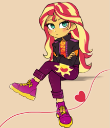 Size: 583x678 | Tagged: safe, artist:nairdags, sunset shimmer, better together, equestria girls, blushing, crossed arms, crossed legs, cute, female, heart, shimmerbetes, sitting, solo, tan background