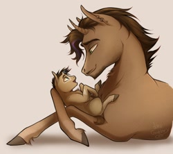 Size: 1024x910 | Tagged: safe, artist:bootsdotexe, oc, oc only, oc:lockhart, bicorn, pony, comic:beyond our borders, colt, duo, father and child, father and son, foal, looking at each other, male, mutant, parent and child, realistic horse legs, stallion, tan background