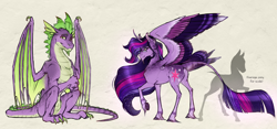 Size: 3300x1550 | Tagged: safe, artist:bootsdotexe, spike, twilight sparkle, twilight sparkle (alicorn), alicorn, classical unicorn, dragon, pony, unicorn, the last problem, adult, adult spike, alternate design, colored claws, ethereal mane, female, glasses, leonine tail, male, mare, older, older spike, older twilight, raised hoof, size comparison, tan background, ultimate twilight, unshorn fetlocks, winged spike