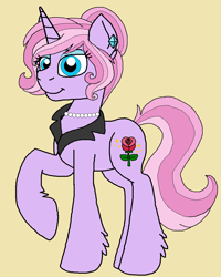 Size: 852x1064 | Tagged: safe, artist:rosefang16, oc, oc only, oc:crystal dancer, unicorn, ear piercing, earring, female, jewelry, mare, mascara, necklace, pearl necklace, piercing, simple background, solo, tan background