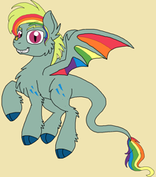 Size: 1456x1652 | Tagged: safe, artist:rosefang16, oc, oc only, oc:spectrum blaze, pegasus, pony, chest fluff, colored wings, female, leonine tail, male, mare, multicolored wings, rainbow wings, simple background, smiling, solo, tan background