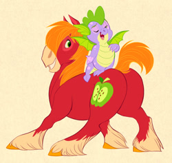 Size: 948x900 | Tagged: safe, artist:thiscrispykat, big macintosh, spike, dragon, earth pony, pony, molt down, big backintosh, coat markings, duo, duo male, male, plot, simple background, socks (coat marking), stallion, tan background, unshorn fetlocks, winged spike