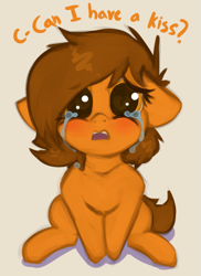 Size: 881x1212 | Tagged: safe, artist:marsminer, oc, oc only, oc:venus spring, earth pony, pony, bronybait, cute, sad, sadorable, solo, tan background