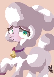 Size: 709x1015 | Tagged: safe, artist:tohupo, pom lamb, lamb, sheep, them's fightin' herds, bell, bell collar, blushing, cloven hooves, collar, community related, cute, digital art, female, looking at you, raised hoof, simple background, solo, tan background