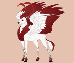Size: 1024x878 | Tagged: safe, artist:dementra369, oc, oc only, oc:war, deer, original species, antlers, calm, chest fluff, colored wings, colored wingtips, deer oc, doe, eikerren, female, non-pony oc, red eyes, simple background, solo, spread wings, tan background, wings