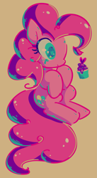 Size: 1061x1941 | Tagged: safe, artist:nancybigots, artist:optimumalfred, derpibooru import, pinkie pie, earth pony, pony, crying, cupcake, female, food, heart eyes, hooves to the chest, limited palette, mare, solo, tan background, tears of joy, teary eyes, wingding eyes