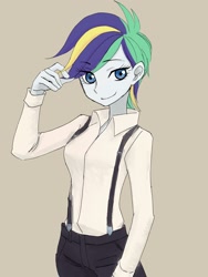 Size: 1536x2048 | Tagged: safe, artist:haibaratomoe, rarity, equestria girls, it isn't the mane thing about you, alternate hairstyle, female, punk, raripunk, solo, suspenders, tan background