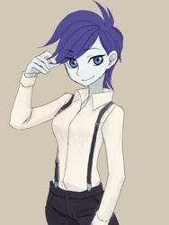 Size: 1536x2048 | Tagged: safe, alternate version, artist:haibaratomoe, rarity, equestria girls, alternate hairstyle, female, simple background, solo, suspenders, tan background