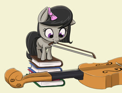 Size: 1254x955 | Tagged: safe, artist:ikarooz, octavia melody, earth pony, pony, atg 2020, blank flank, book, bow, bow (instrument), cello, cute, female, filly, filly octavia, grin, hair bow, looking down, mouth hold, musical instrument, newbie artist training grounds, simple background, smiling, smol, solo, tan background, tavibetes, weapons-grade cute, yellow background, younger