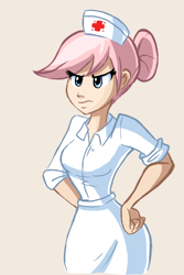 Size: 642x961 | Tagged: dead source, safe, artist:ric-m, nurse redheart, human, blue eyes, cute, female, hand on hip, humanized, nurse, nurse outfit, pink hair, solo, tan background