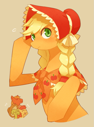 Size: 519x700 | Tagged: safe, artist:yow, derpibooru import, apple bloom, applejack, big macintosh, granny smith, earth pony, pony, blushing, bonnet, cute, eye clipping through hair, jackabetes, male, pixiv, stallion, tan background