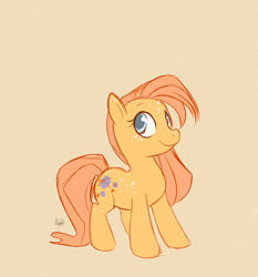 Size: 501x537 | Tagged: safe, artist:rollingrabbit, earth pony, pony, g1, baby sparkle north star, female, filly, foal, g1 to g4, generation leap, simple background, solo, tan background