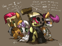 Size: 1000x736 | Tagged: safe, artist:atryl, apple bloom, babs seed, scootaloo, sweetie belle, earth pony, pegasus, pony, unicorn, bandage, broom, cloak, clothes, costume, cutie mark crusaders, dialogue, female, filly, foal, four horsemen of the apocalypse, helmet, horseman of death, horseman of famine, horseman of pestilence, horseman of war, hungry, mask, quartet, scythe, tan background, wooden sword