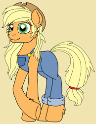 Size: 988x1276 | Tagged: safe, artist:rosefang16, derpibooru import, applejack, earth pony, pony, clothes, female, mare, overalls, simple background, solo, tan background