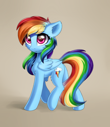 Size: 1300x1500 | Tagged: safe, artist:ifmsoul, derpibooru import, rainbow dash, pegasus, pony, cheek fluff, chest fluff, cute, dashabetes, ear fluff, eye clipping through hair, eyebrows visible through hair, female, leg fluff, mare, solo, tan background