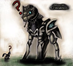 Size: 3329x3004 | Tagged: safe, artist:europamaxima, pony, artifact, colossus, crossover, duo, phaedra, ponified, question mark, saddle, shadow of the colossus, tack, tan background, video game