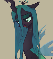 Size: 720x800 | Tagged: safe, artist:ehfa, derpibooru import, queen chrysalis, changeling, changeling queen, bedroom eyes, blushing, cute, cute little fangs, cutealis, derpibooru, fangs, female, lidded eyes, looking down, open mouth, solo, tan background