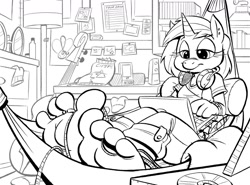 Size: 1280x946 | Tagged: safe, artist:kuroi-wolf, dj pon-3, vinyl scratch, anthro, plantigrade anthro, barefoot, computer, cute, feet, fetish, foot fetish, hammock, laptop computer, monochrome, soles, solo, toes