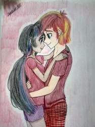 Size: 1944x2592 | Tagged: safe, artist:jaquelindreamz, sunset glare, sunset shimmer, twilight sparkle, human, g4, female, half r63 shipping, hug, humanized, male, purple hair, red hair, romantic, rule 63, shipping, straight, sunsetsparkle, twiglare