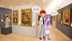 Size: 1500x850 | Tagged: safe, artist:mytri-atari, sunny flare, sunset glare, sunset shimmer, equestria girls, art gallery, converse, equestria guys, male, painting, rule 63, shipping, shoes, statue, sunnyglare