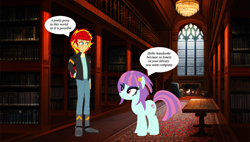 Size: 1500x850 | Tagged: safe, artist:mytri-atari, sunny flare, sunset glare, sunset shimmer, pony, equestria girls, friendship games, book, bookshelf, chandelier, equestria girls ponified, equestria guys, fireplace, library, male, ponified, rule 63, shipping, sunnyglare, table, window